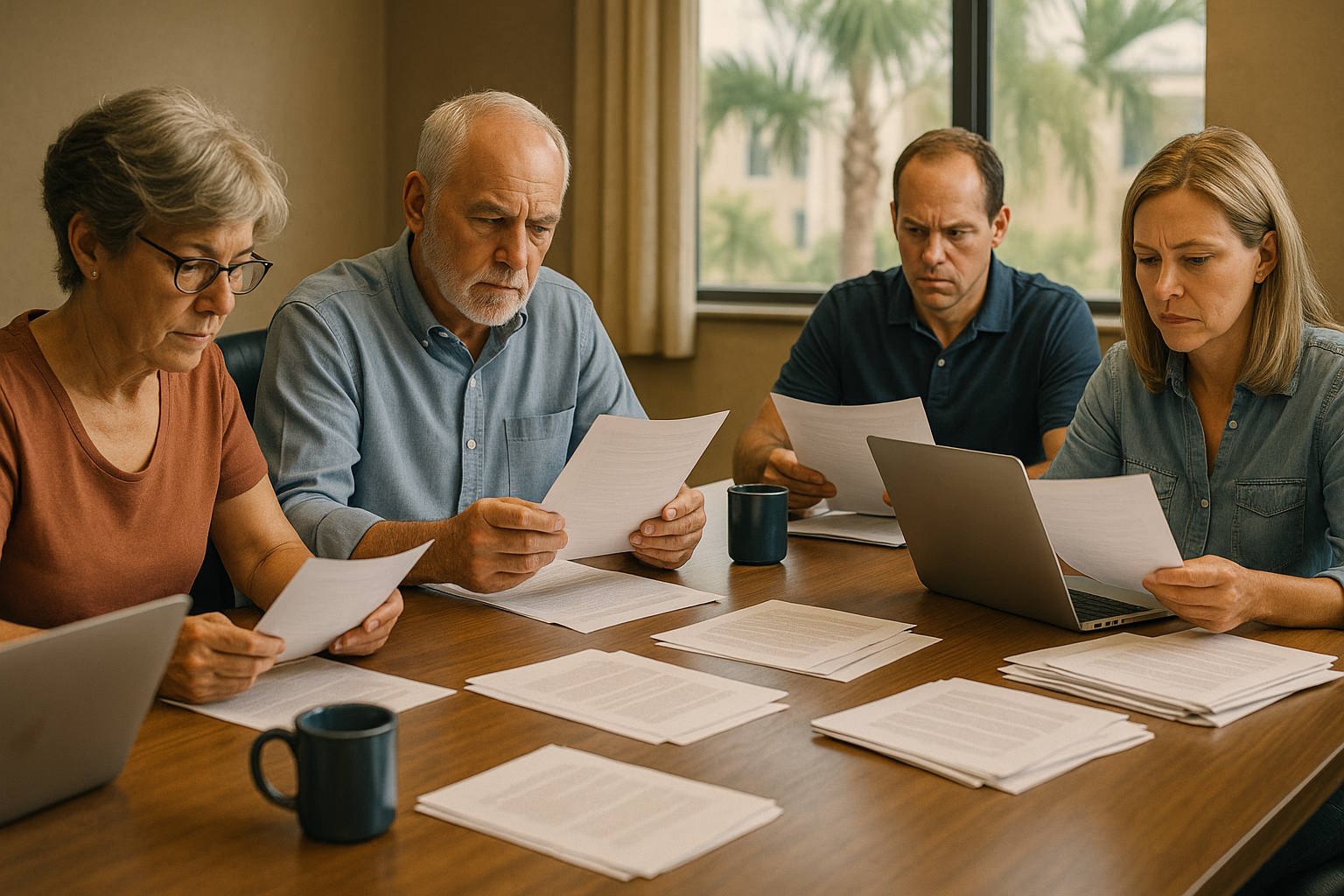 Board members reviewing meeting minutes for compliance